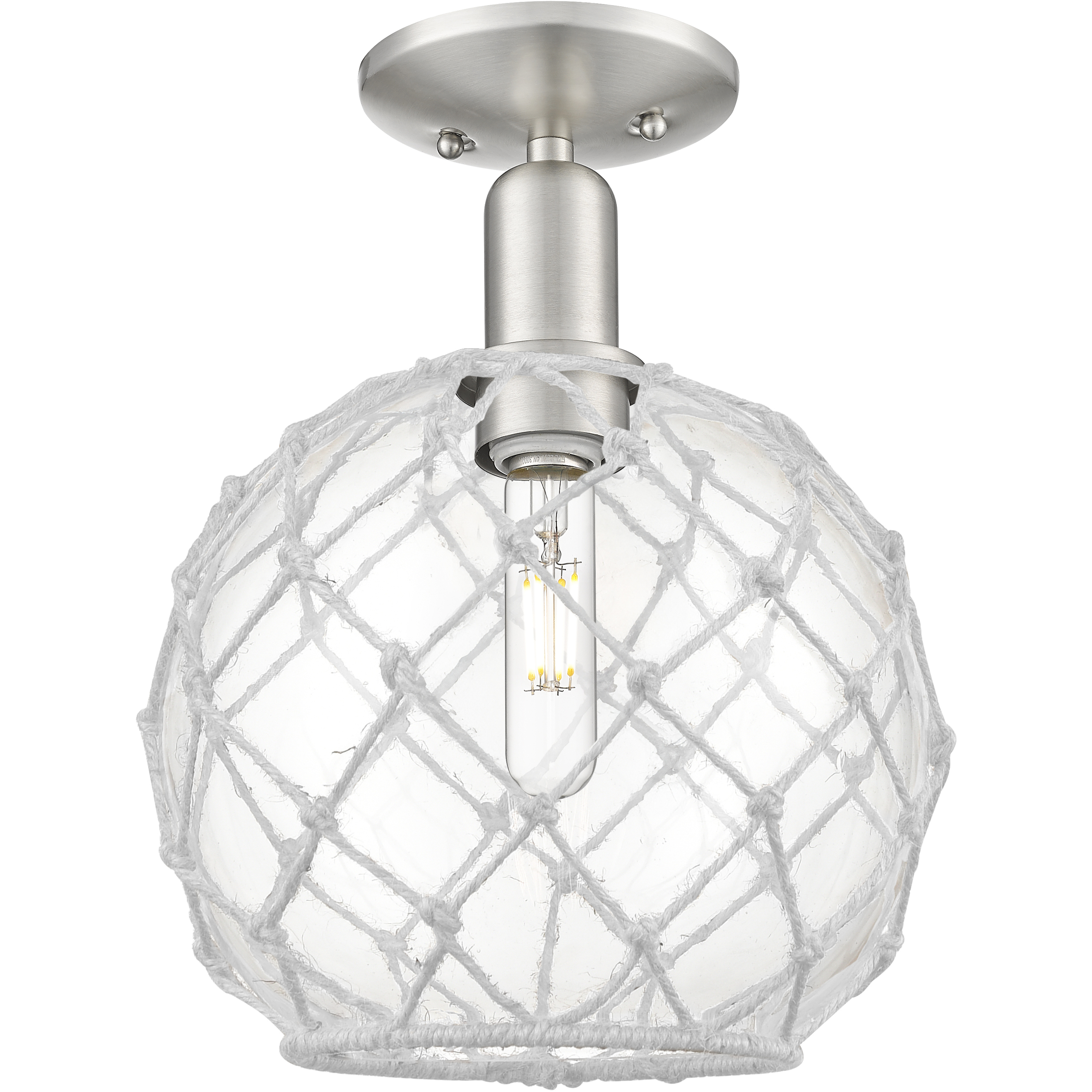 Arcadia Farmhouse Rope 1 Light 10 inch Brushed Satin Nickel Semi-Flush Mount Ceiling Light in Clear Glass with White Rope