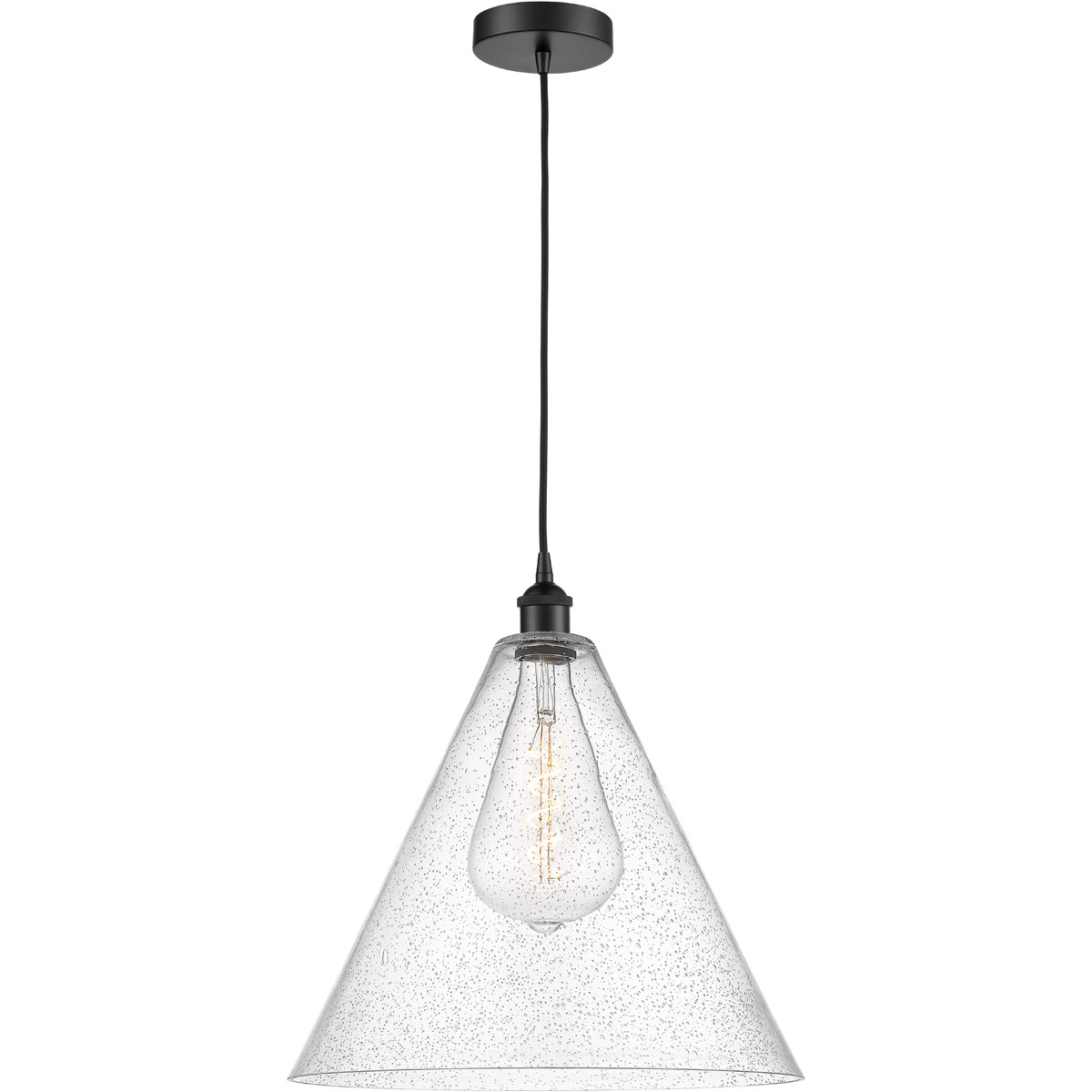 Edison Cone LED 16 inch Matte Black Pendant Ceiling Light in Seedy Glass