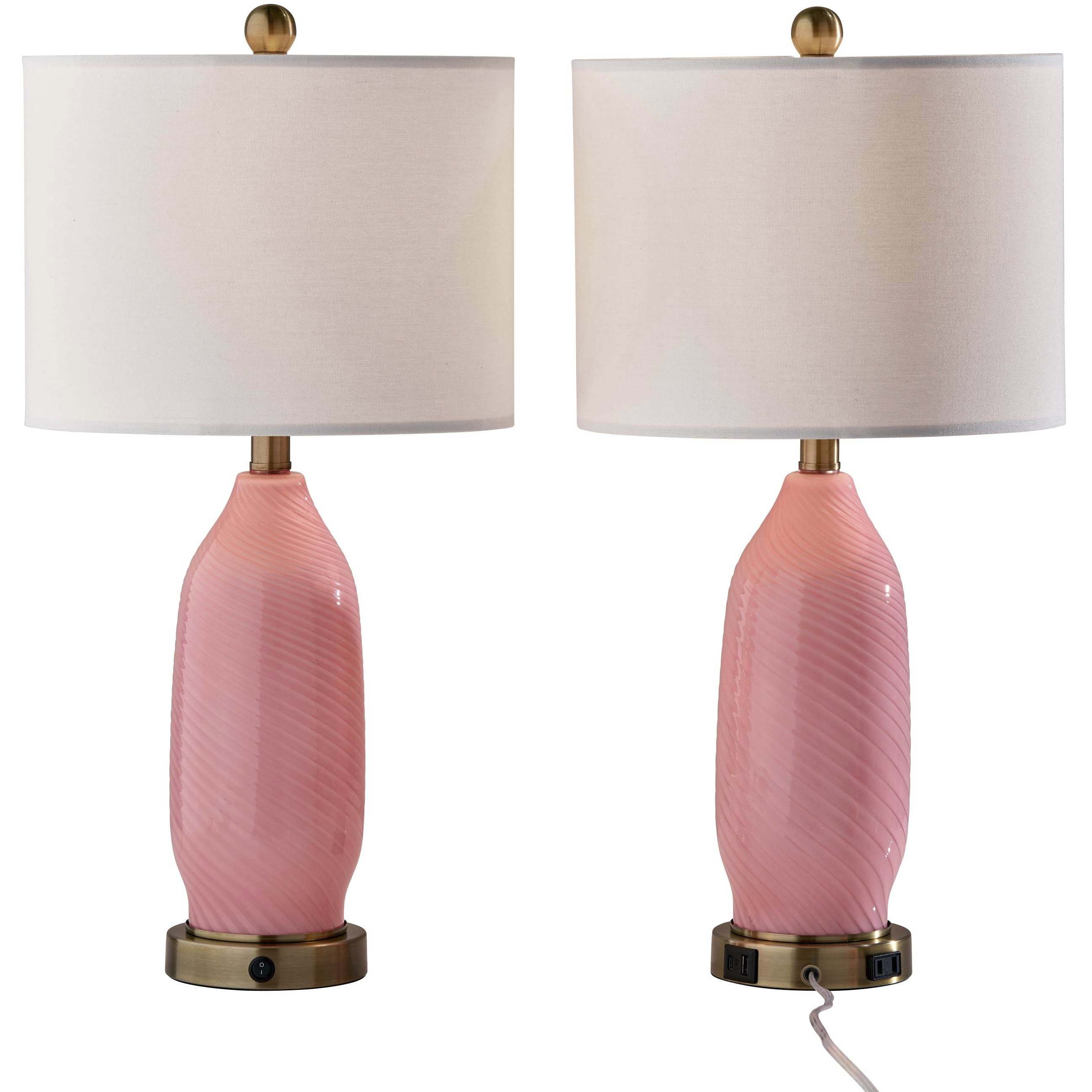 Freya 24 inch 100 watt Pink Texture Glass and Antique Brass Table Lamps Portable Light, Set of 2, Simplee Adesso