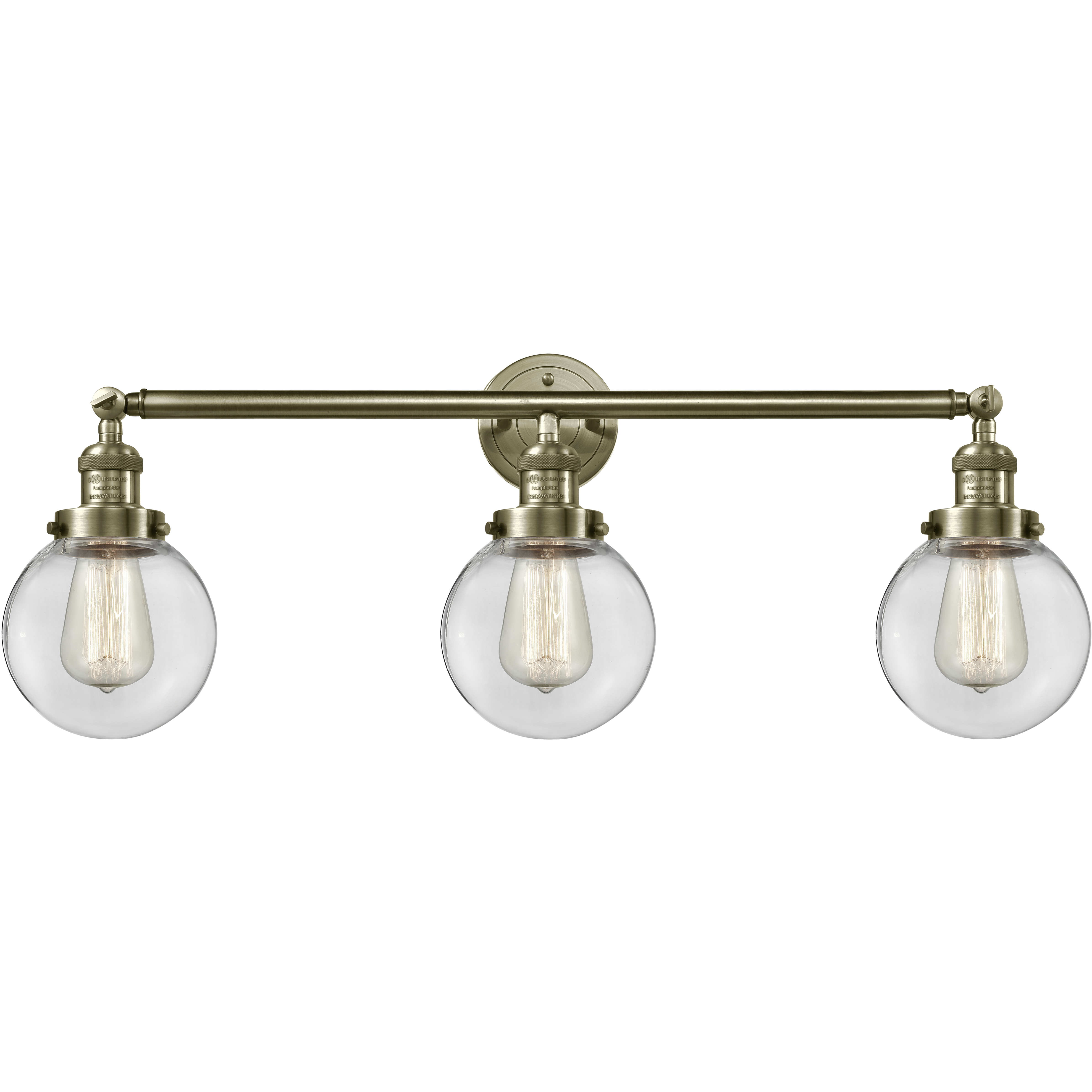 Franklin Restoration Beacon 3 Light 30 inch Antique Brass Bath Vanity Light Wall Light in Clear Glass, Franklin Restoration