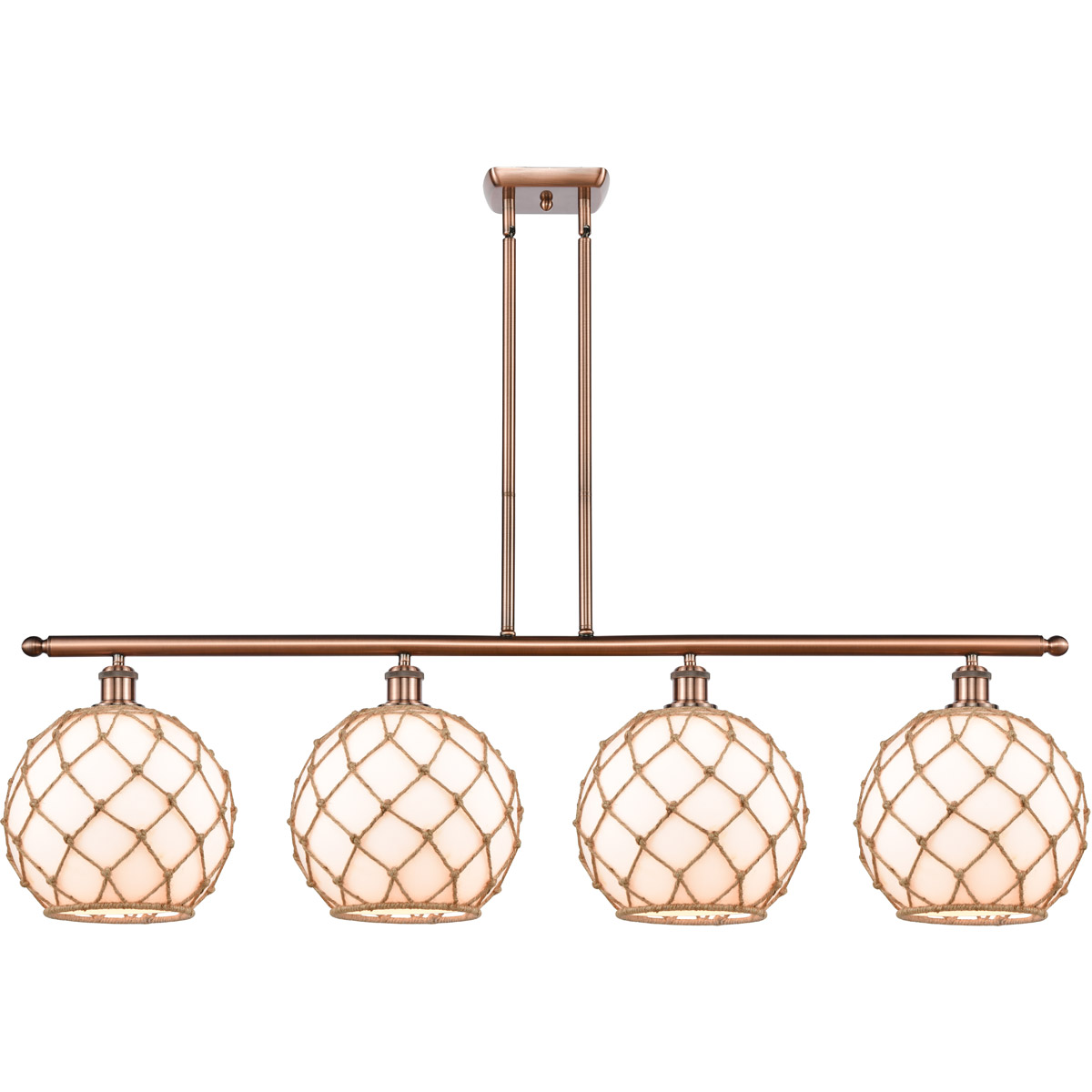 Ballston Large Farmhouse Rope LED 48 inch Antique Copper Island Light Ceiling Light in White Glass with Brown Rope, Ballston