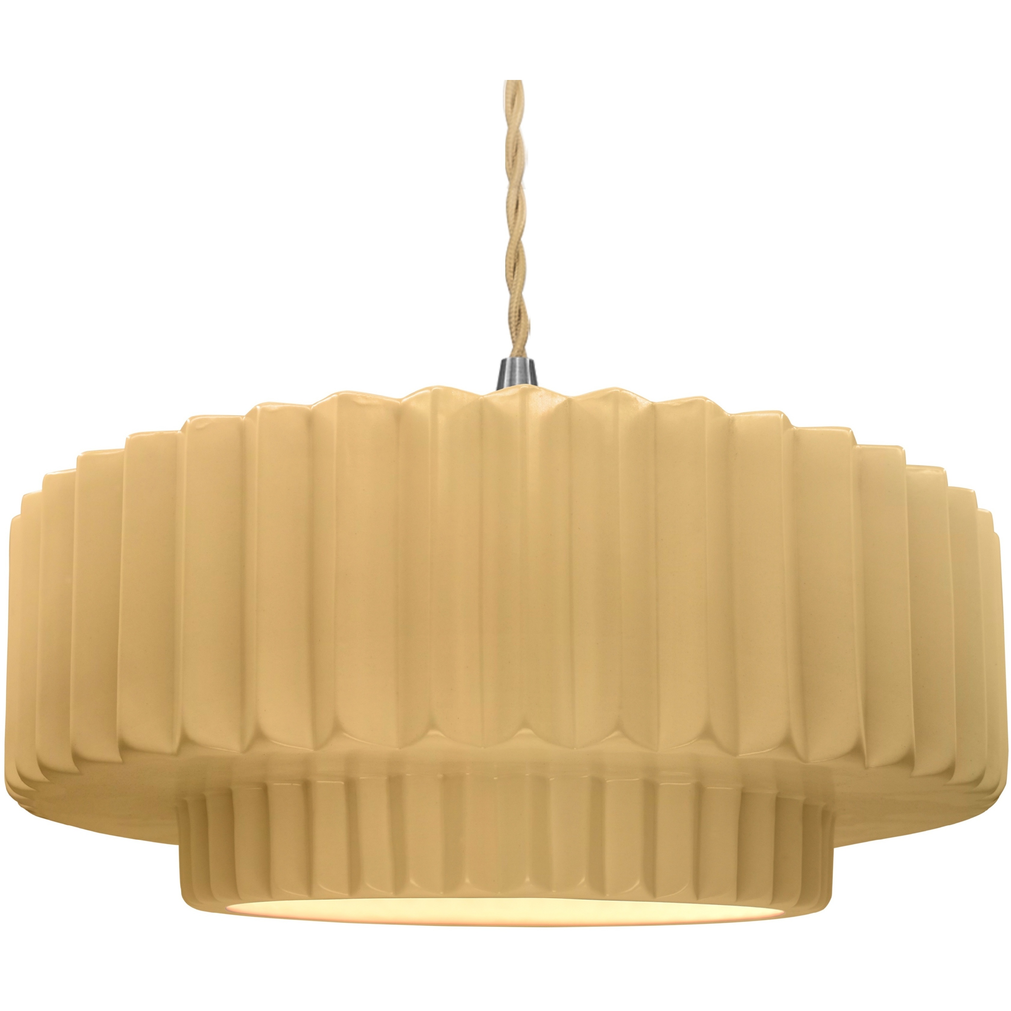 Radiance Collection - Pleated Tier Pendant Ceiling Light in Brushed Nickel, Replaceable Bulb, Beige Twist Cord, Muted Yellow, 16.25W x 6H, Form+Finish+Function