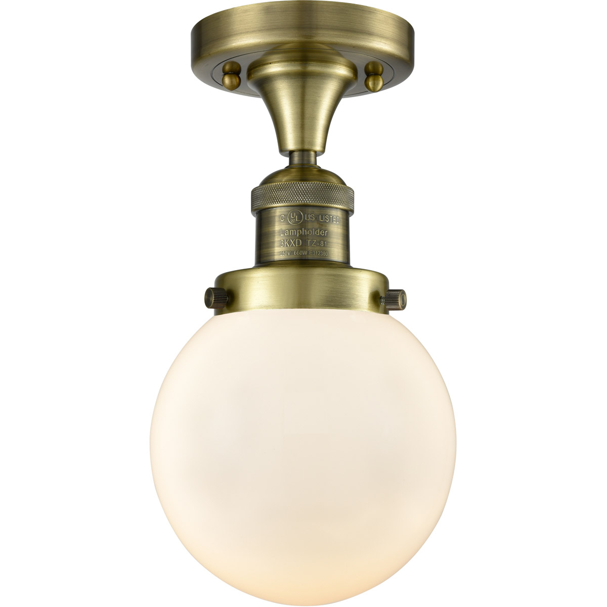 Franklin Restoration Beacon 1 Light 6 inch Antique Brass Semi-Flush Mount Ceiling Light in Matte White Glass, Franklin Restoration