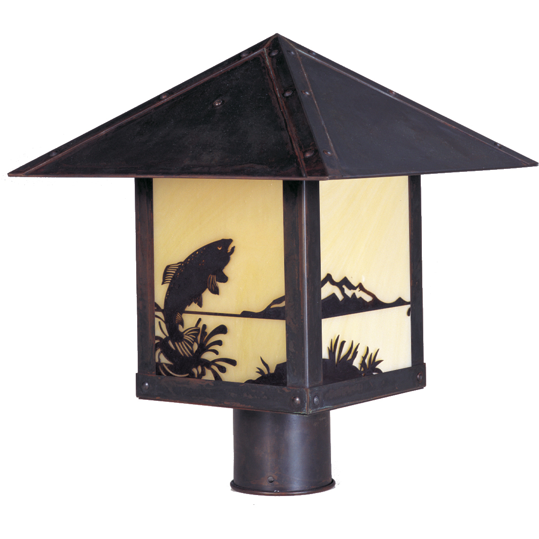 Timber Ridge 1 Light 10 inch Verdigris Patina Post Mount in White Opalescent, Trout Filigree