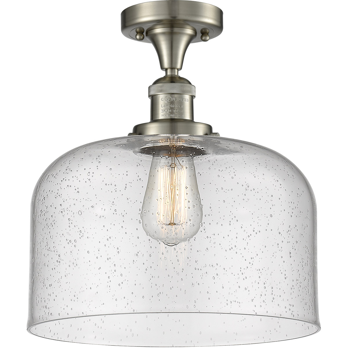 Franklin Restoration X-Large Bell LED 12 inch Brushed Satin Nickel Semi-Flush Mount Ceiling Light in Seedy Glass, Franklin Restoration