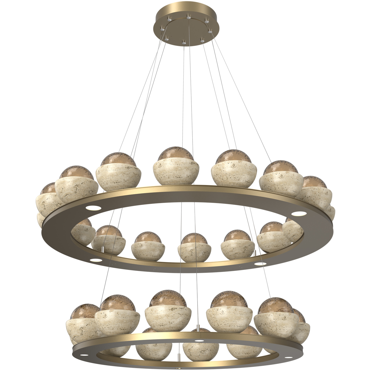Cabochon LED Gilded Brass with Travertine Stone Chandelier Ceiling Light in Bronze, 2700K LED, Two-Tier