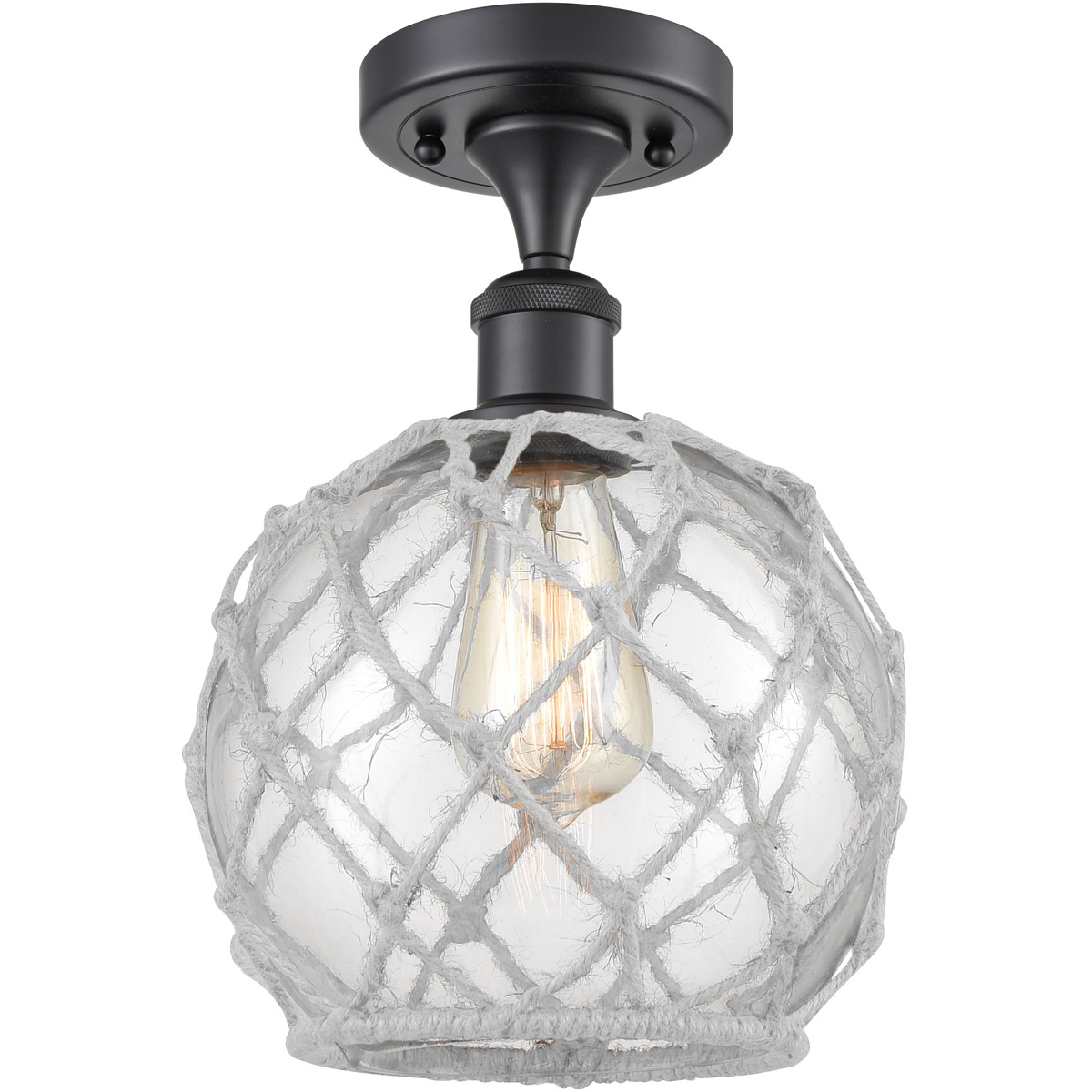 Ballston Farmhouse Rope LED 8 inch Matte Black Semi-Flush Mount Ceiling Light in Clear Glass with White Rope, Ballston