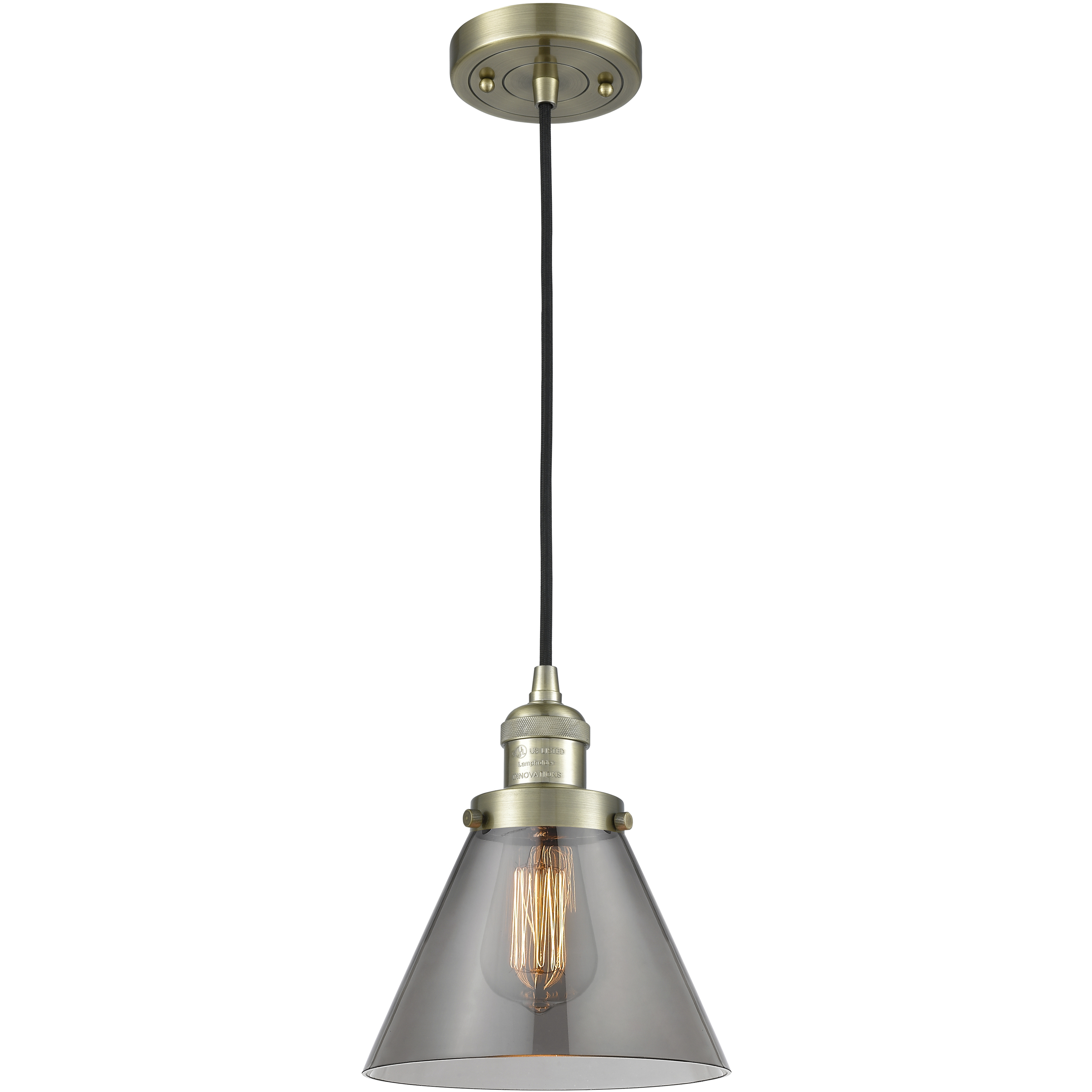 Franklin Restoration Cone LED 8 inch Antique Brass Mini Pendant Ceiling Light in Light Smoke Glass, Franklin Restoration