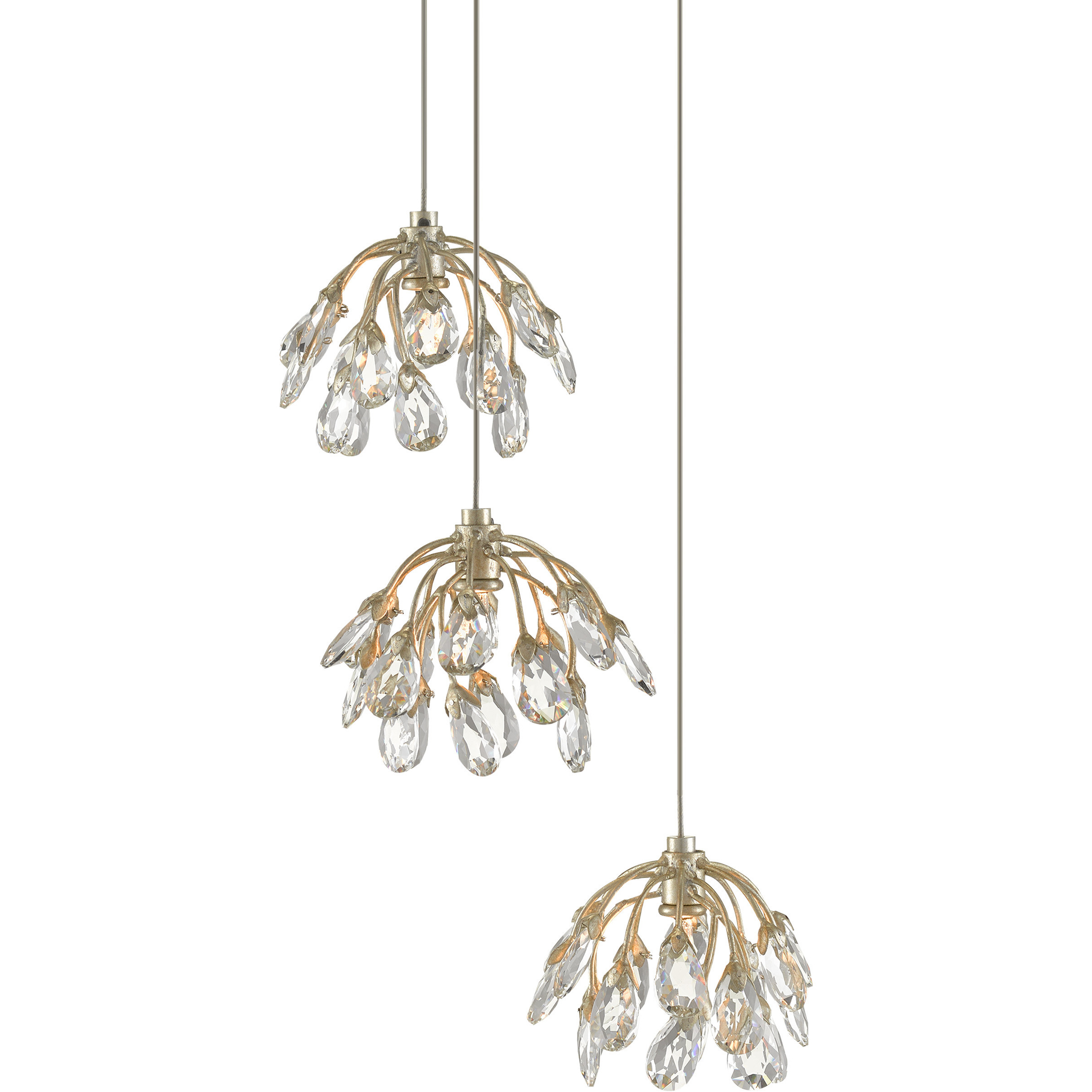 Crystal Bud 3 Light 13.5 inch Contemporary Silver Leaf Multi-Drop Pendant Ceiling Light