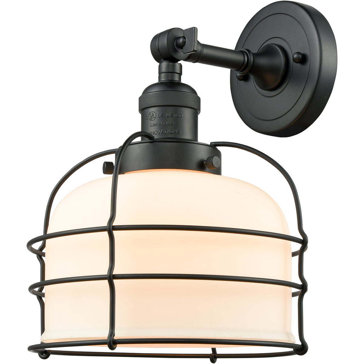 Franklin Restoration Large Bell Cage LED 9 inch Matte Black Sconce Wall Light in Matte White Glass, Franklin Restoration