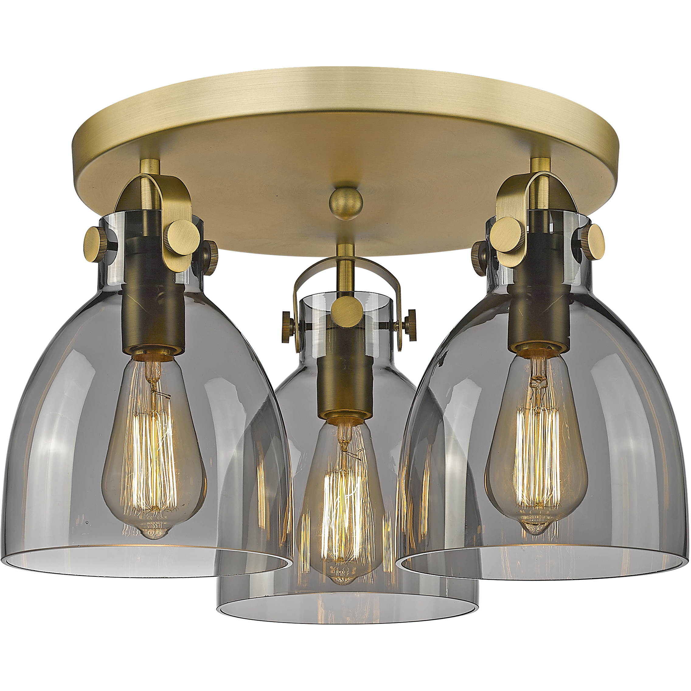 Newton Bell 3 Light 19.63 inch Brushed Brass Flush Mount Ceiling Light in Light Smoke Glass