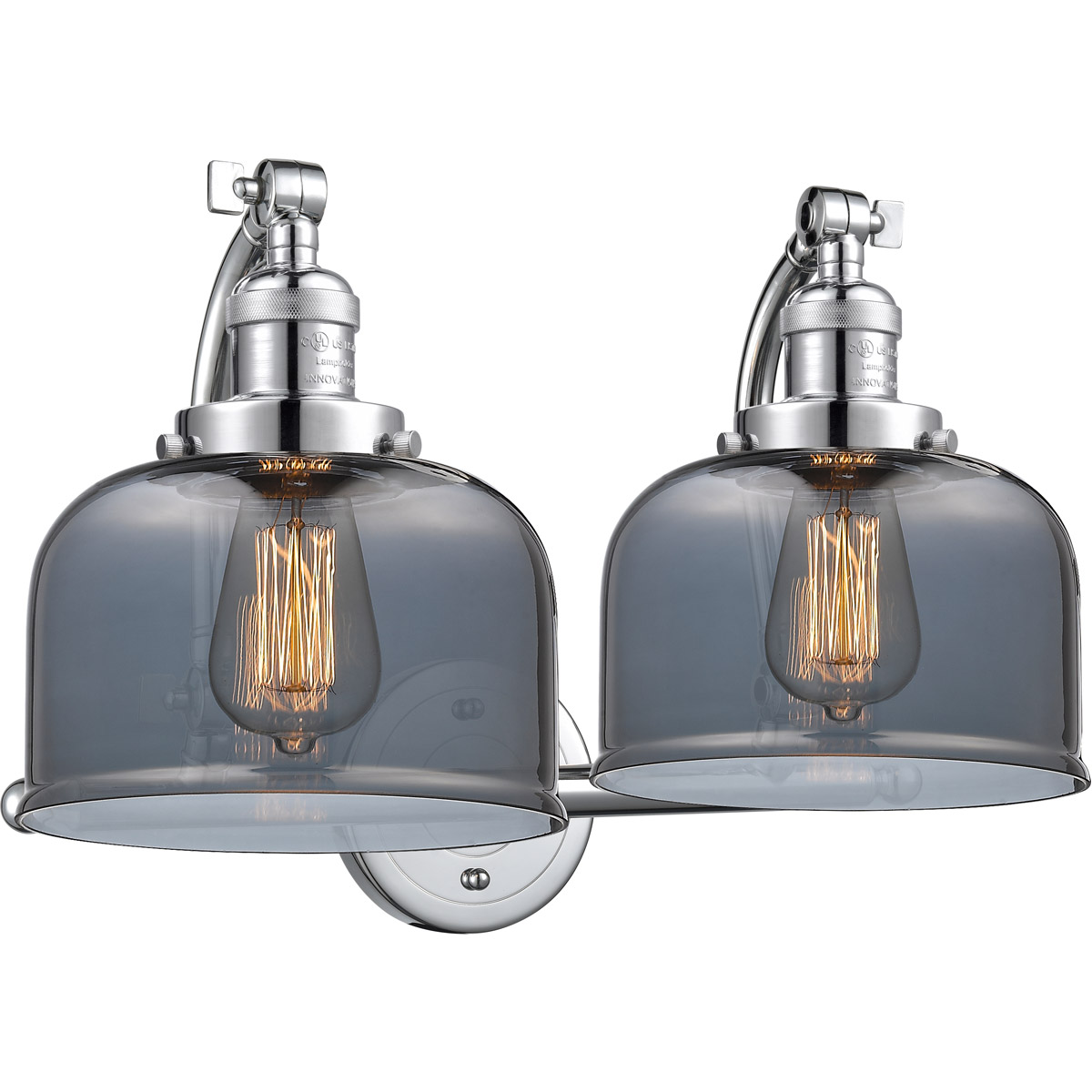 Franklin Restoration Large Bell 2 Light 18 inch Polished Chrome Bath Vanity Light Wall Light in Plated Smoke Glass, Franklin Restoration