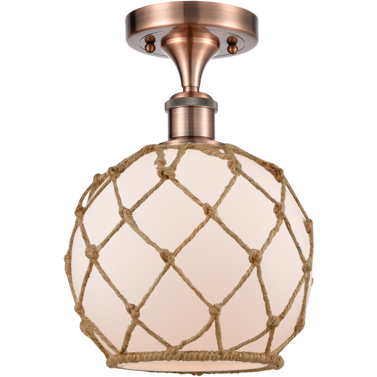Ballston Farmhouse Rope LED 8 inch Antique Copper Semi-Flush Mount Ceiling Light in White Glass with Brown Rope, Ballston