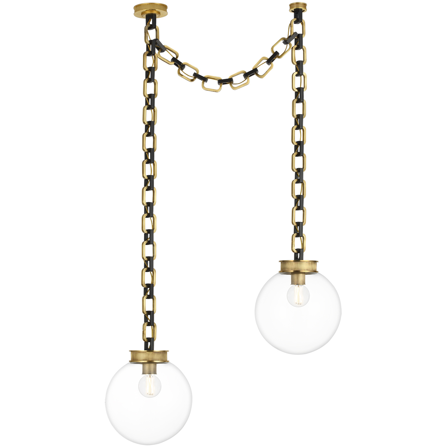 Marie Flanigan Bellamy LED 12 inch Soft Brass and Bronze Statement Chain Globe Chandelier Ceiling Light in Clear Glass