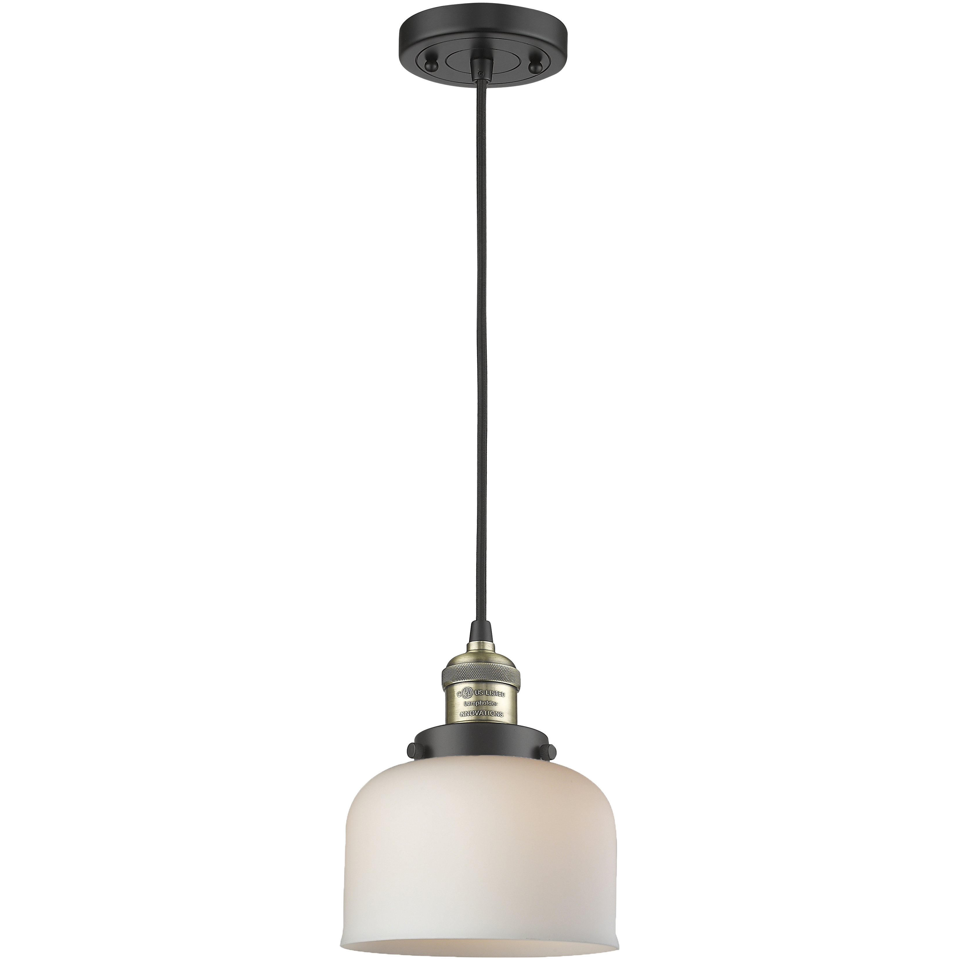 Franklin Restoration Bell 1 Light 8 inch Black Antique Brass Mini Pendant Ceiling Light in Incandescent, Matte White, Franklin Restoration