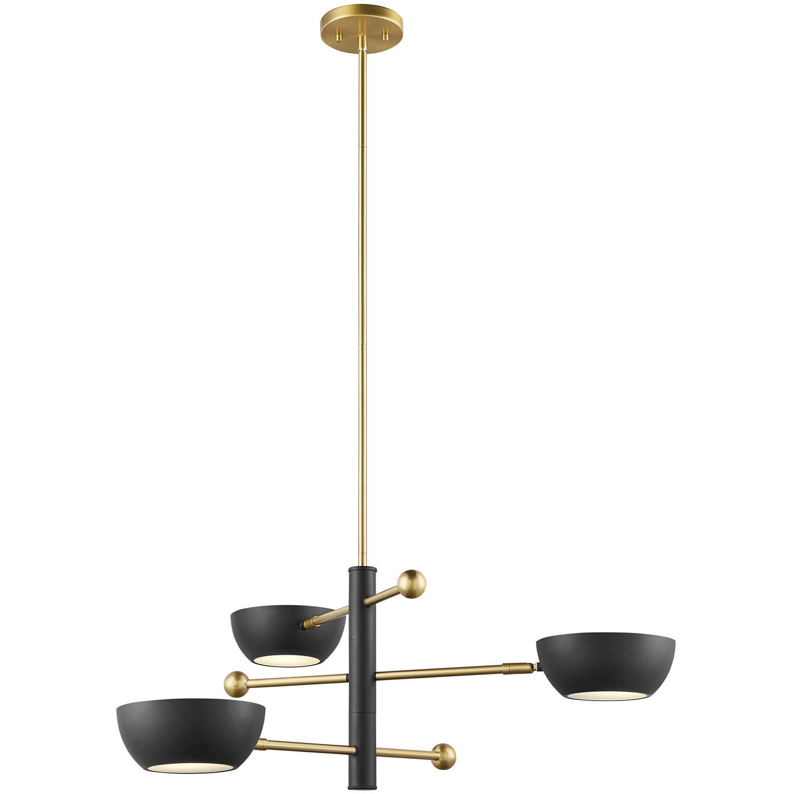 Contemporary 3 Light 33.75 inch Matte Black with Natural Brass Chandelier Ceiling Light