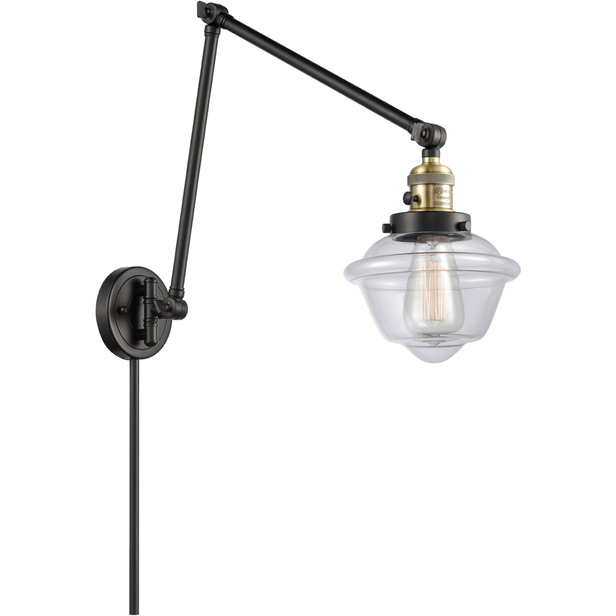 Small Oxford 30 inch 3.5 watt Black Antique Brass Swing Arm Wall Light in Clear Glass, Franklin Restoration