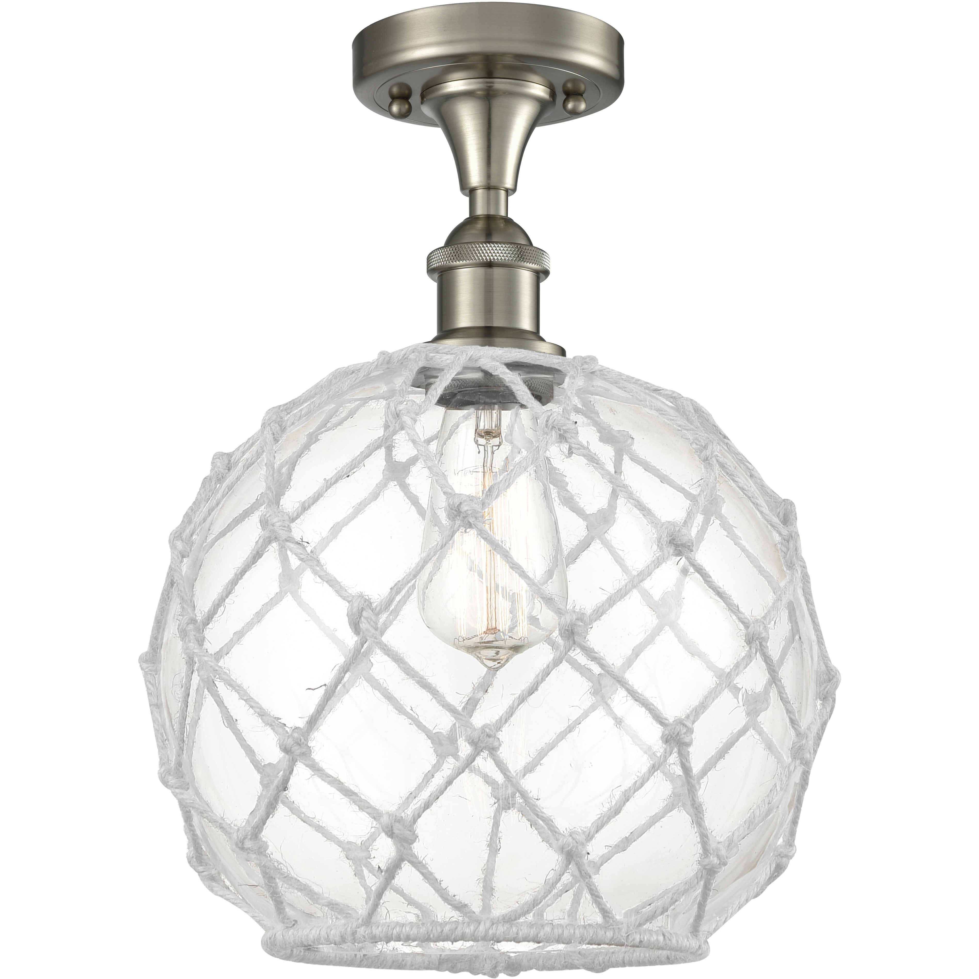 Edison Farmhouse Rope 1 Light 10 inch Brushed Satin Nickel Semi-Flush Mount Ceiling Light in Clear Glass with White Rope