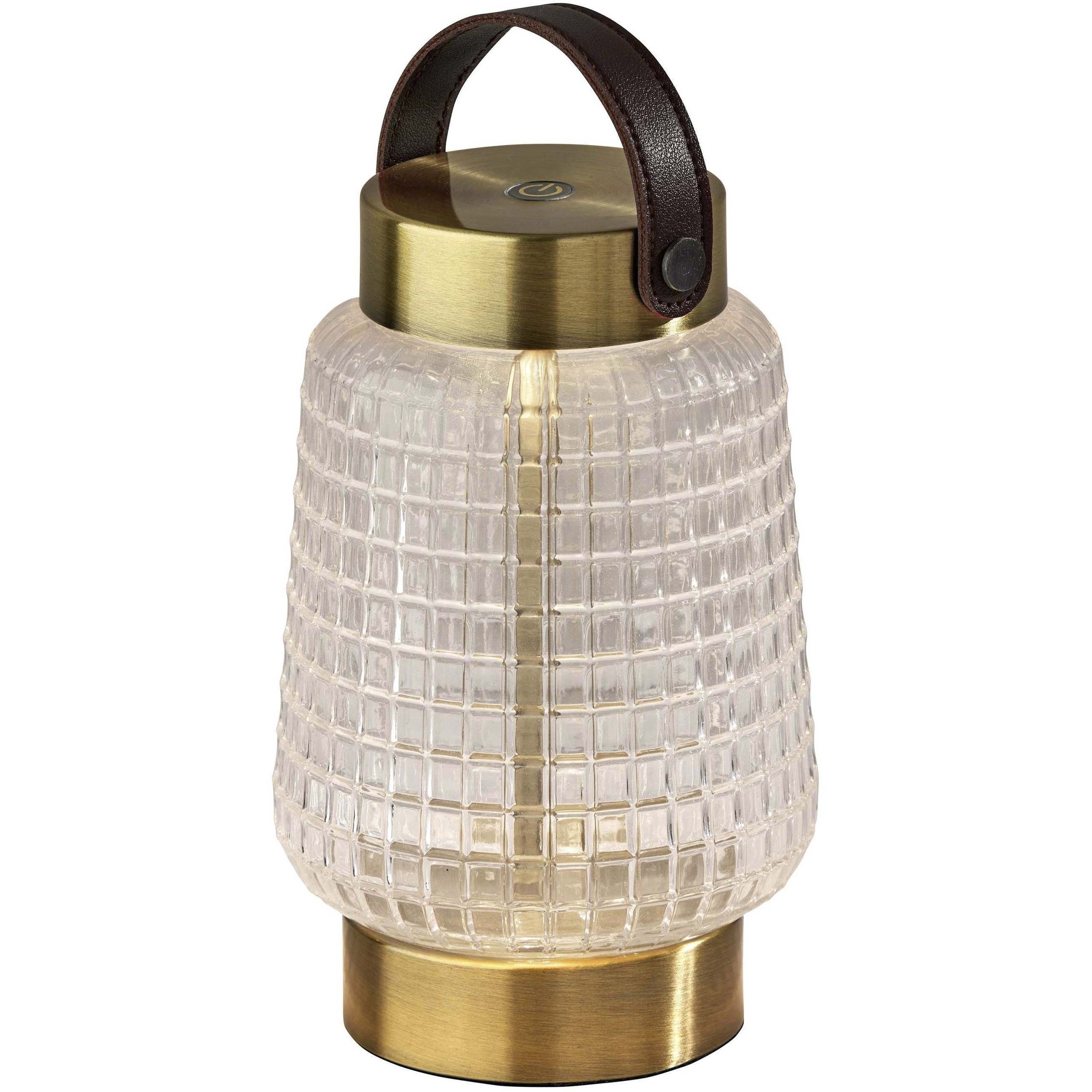 Samara 7.75 inch 2 watt Antique Brass and Brown Leather Cordless LED Table Lantern Portable Light