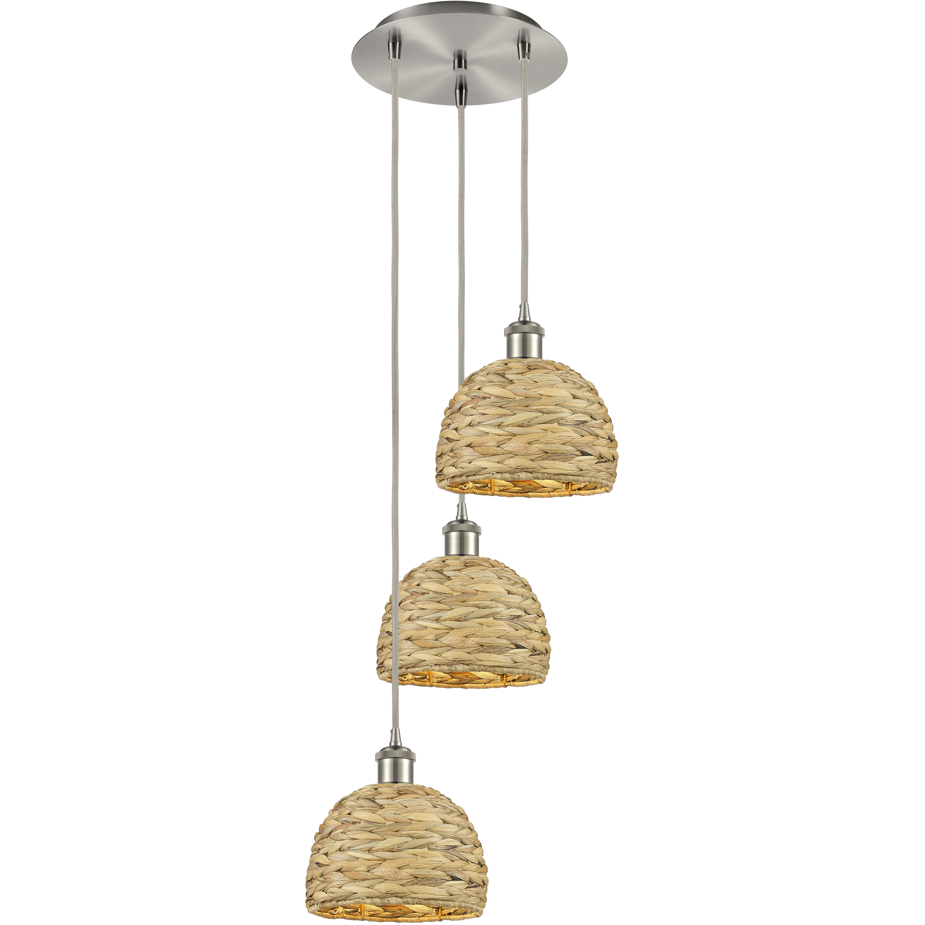 Woven Rattan 3 Light 18.5 inch Brushed Satin Nickel Multi Pendant Ceiling Light