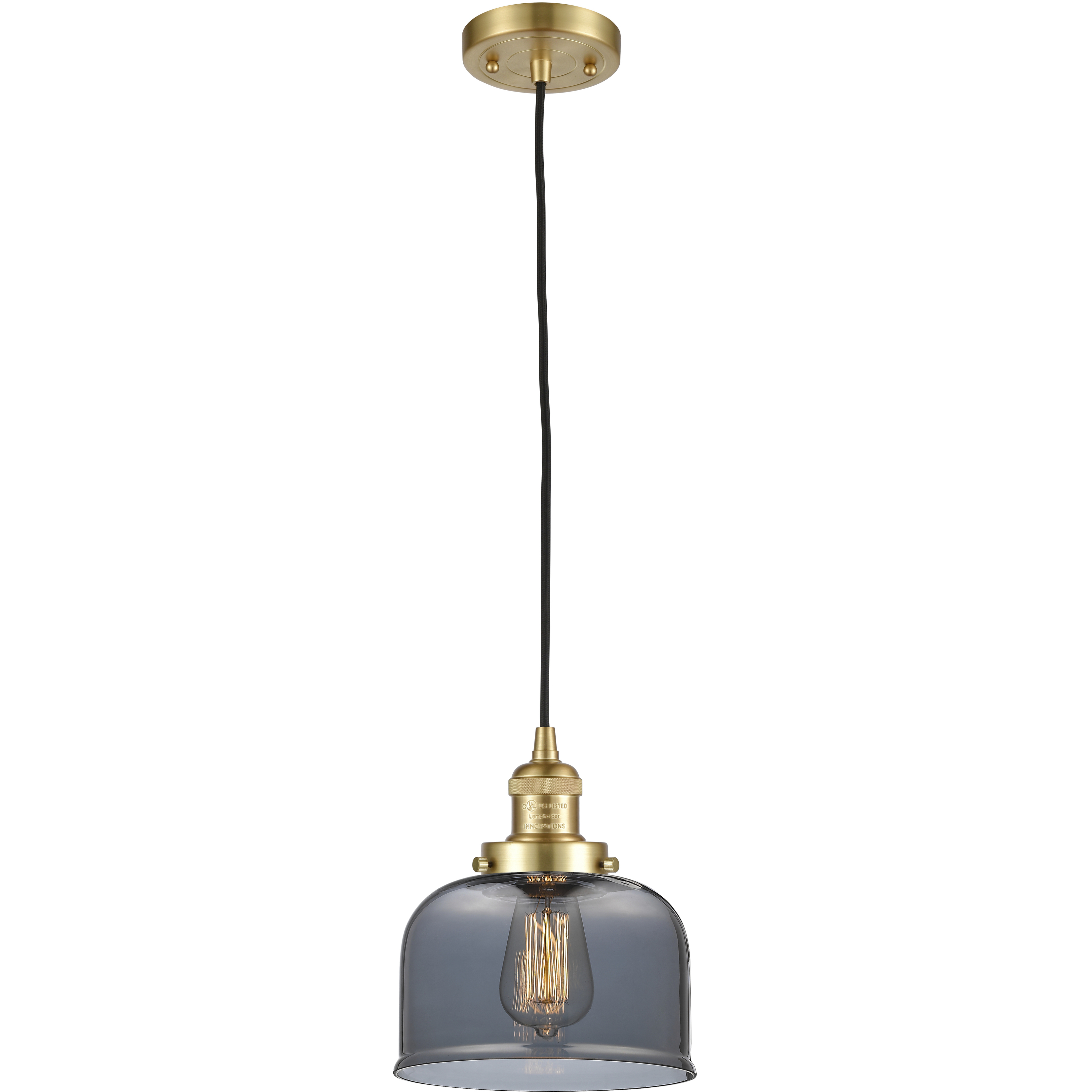 Franklin Restoration Bell LED 8 inch Satin Gold Mini Pendant Ceiling Light in Light Smoke Glass, Franklin Restoration