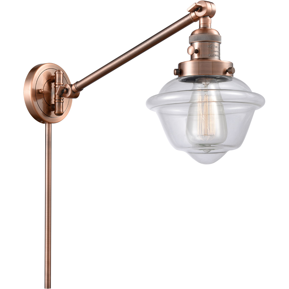 Small Oxford 30 inch 3.5 watt Antique Copper Swing Arm Wall Light in Clear Glass, Franklin Restoration