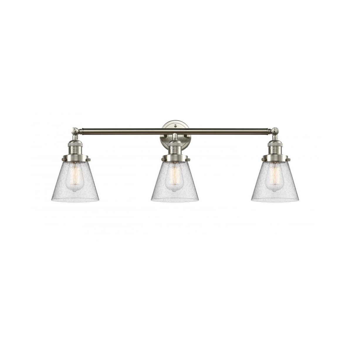 Franklin Restoration Small Cone 3 Light 30 inch Brushed Satin Nickel Bath Vanity Light Wall Light in Seedy Glass, Franklin Restoration