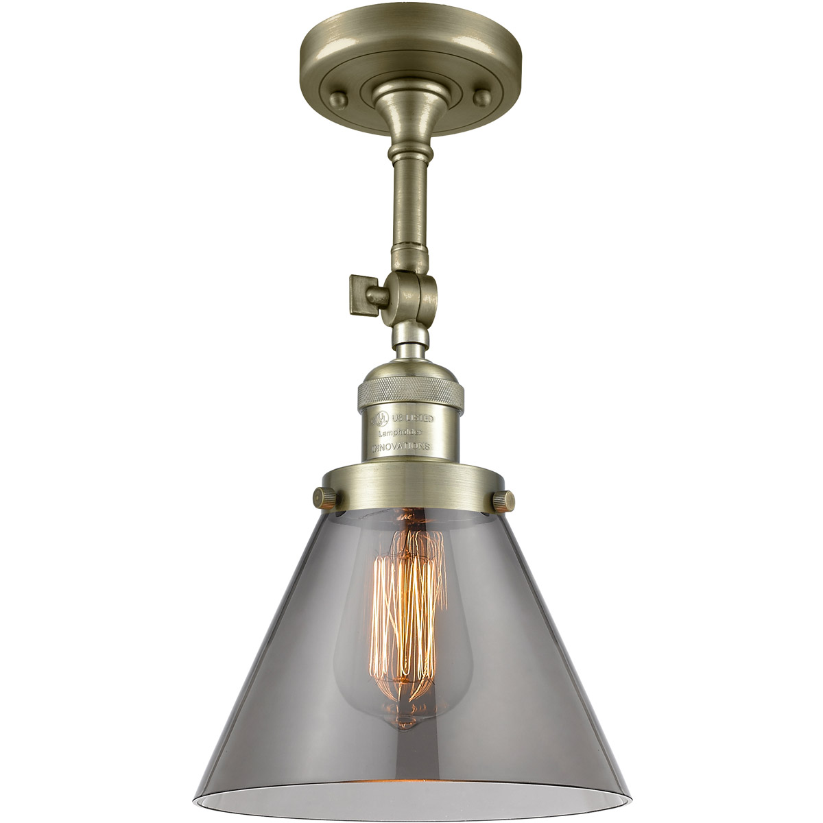 Franklin Restoration Large Cone LED 8 inch Antique Brass Semi-Flush Mount Ceiling Light in Plated Smoke Glass, Franklin Restoration
