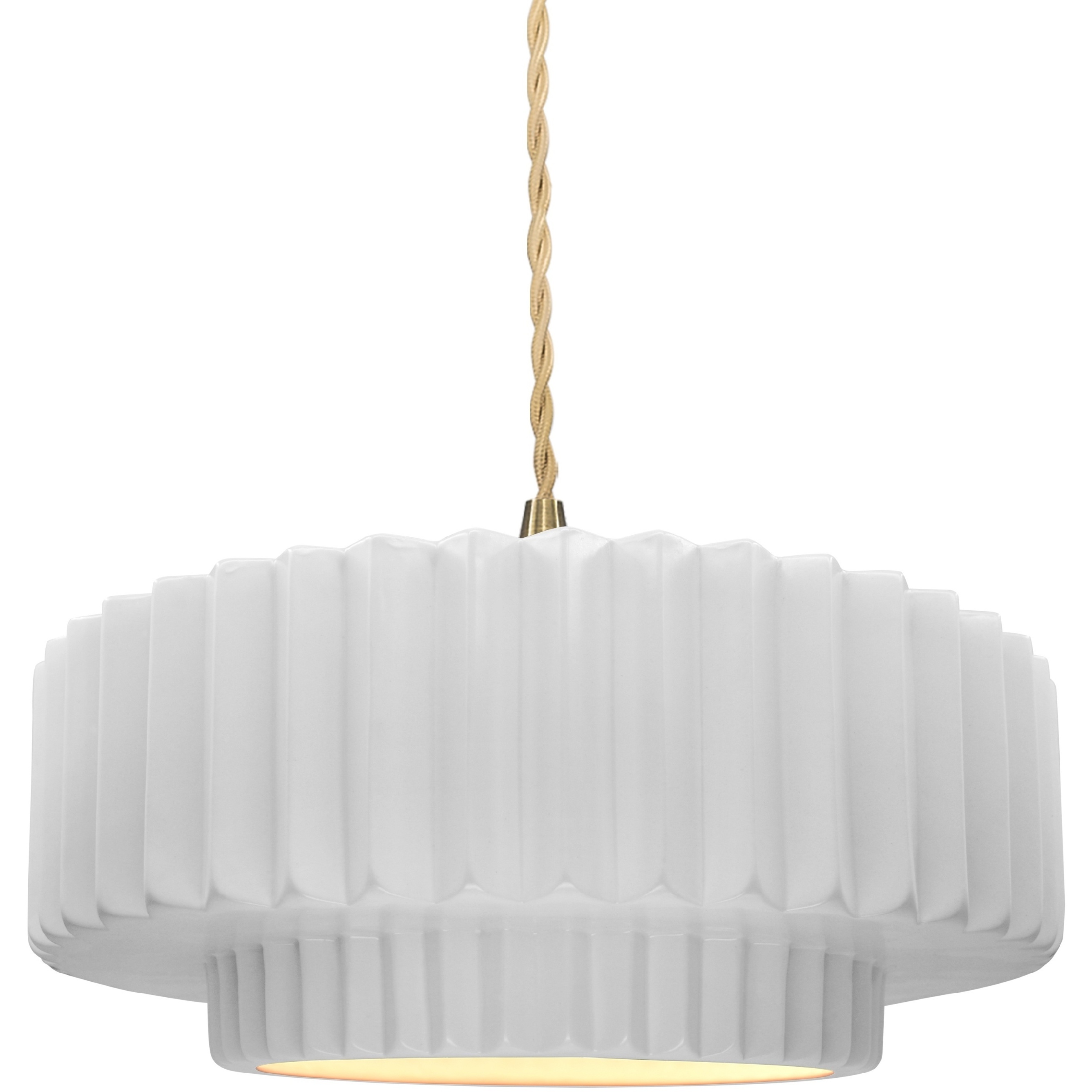 Radiance Collection - Pleated Tier Pendant Ceiling Light in Brushed Brass, Replaceable Bulb, Beige Twist Cord, Gloss White (outside and inside of fixture), 14.5W x 5.25H, Form+Finish+Function