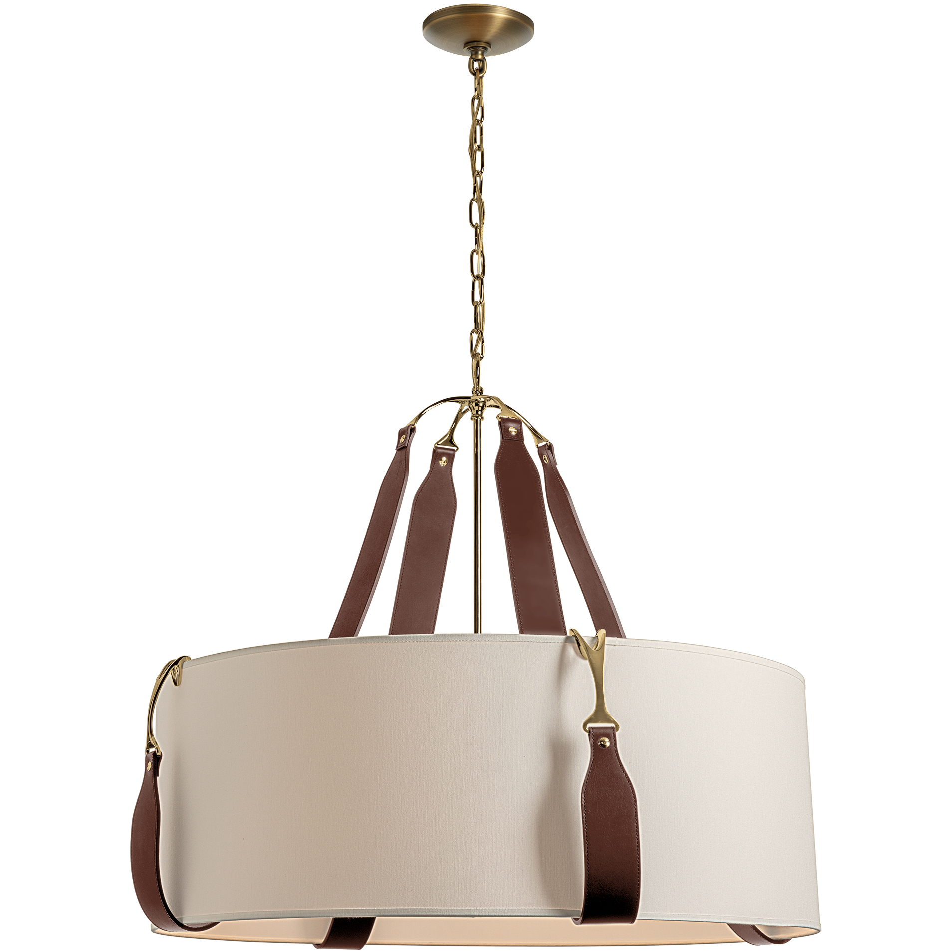 Saratoga 4 Light 31.9 inch Antique Brass Pendant Ceiling Light in Leather British Brown, Flax, Large