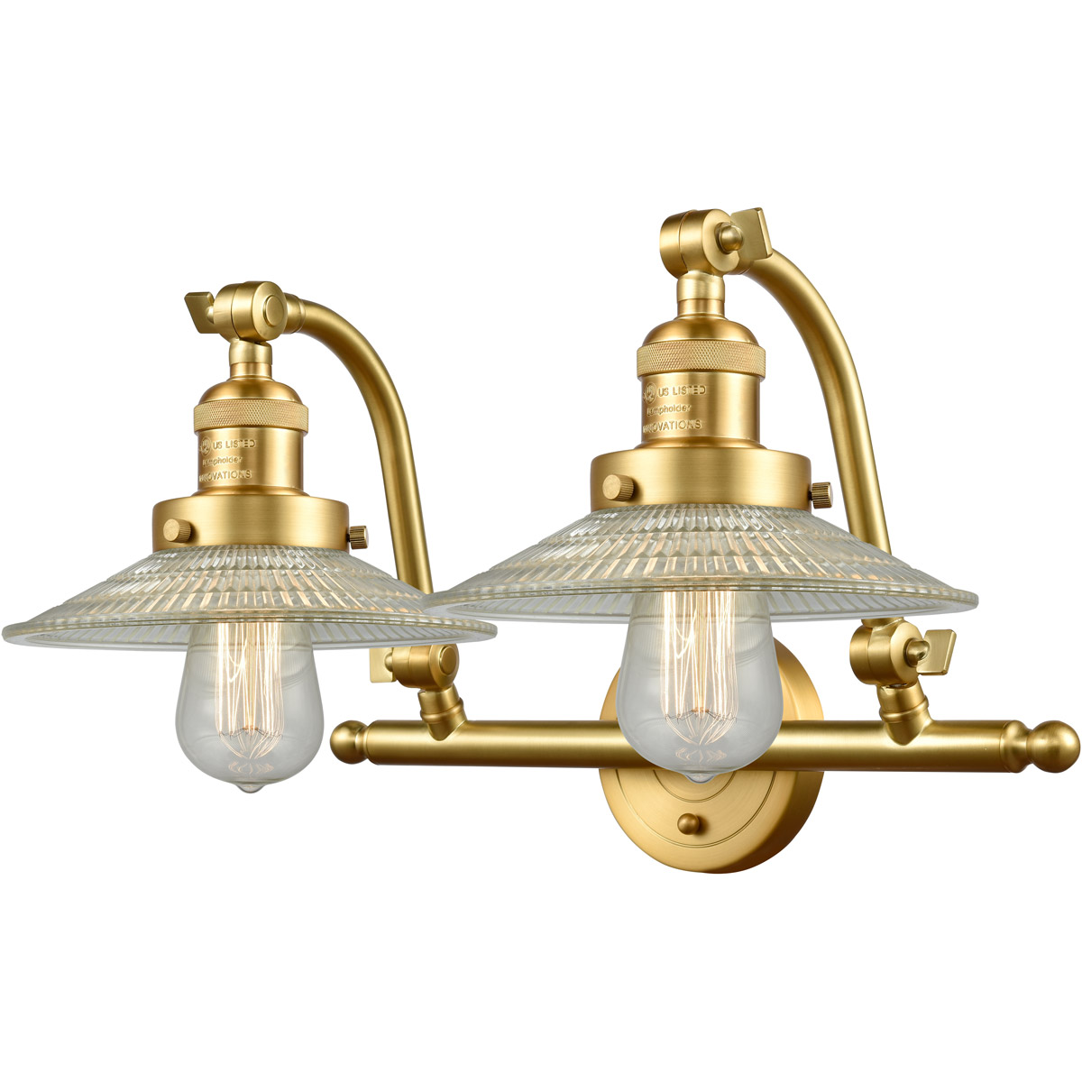 Franklin Restoration Halophane 2 Light 18 inch Satin Gold Bath Vanity Light Wall Light in Clear Halophane Glass, Franklin Restoration