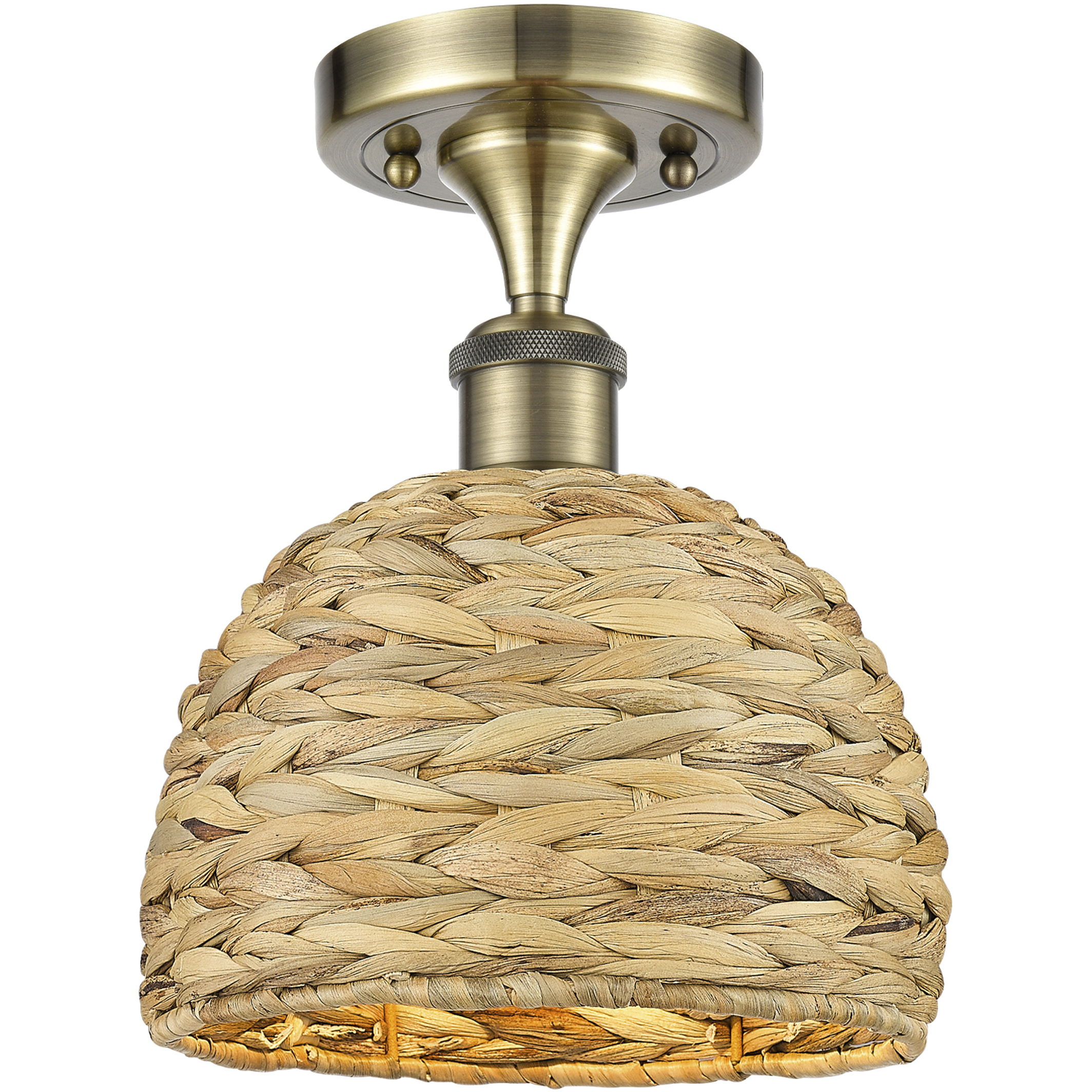 Woven Rattan 1 Light 8 inch Antique Brass Semi-Flush Mount Ceiling Light