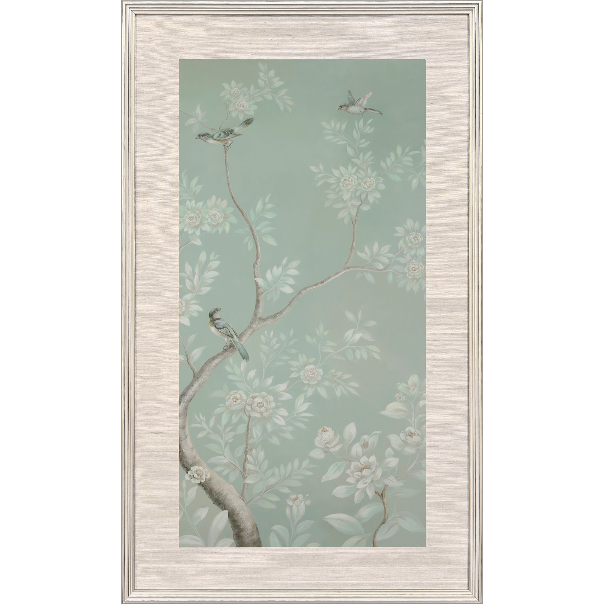 Birds and Flowers I Green and Beige and Gray Framed Art
