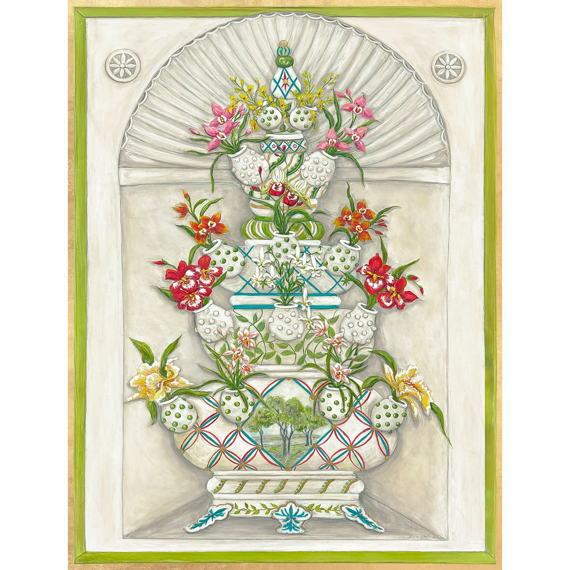 Orchids in Niche White and Green and Red and Multi Canvas, The Studio