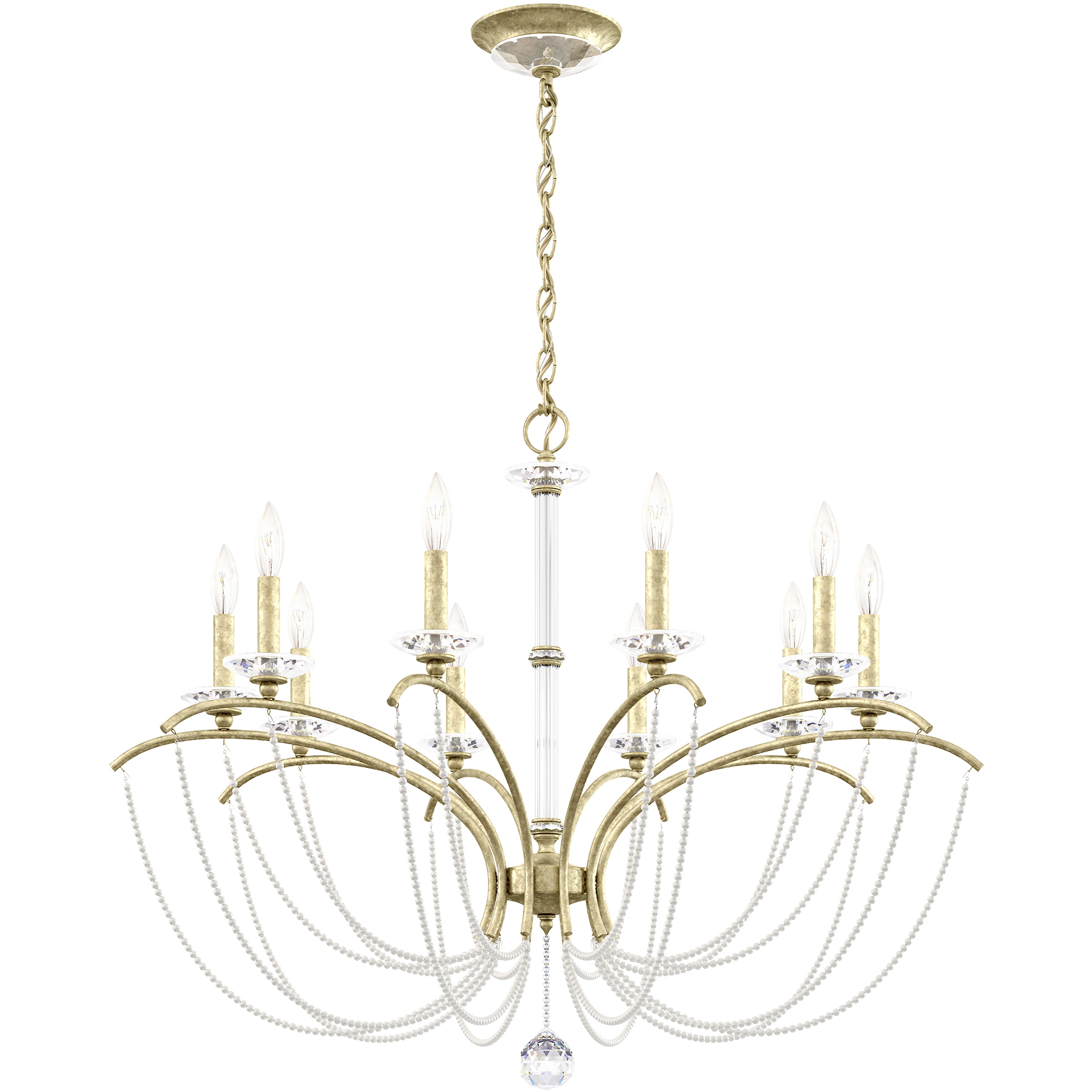 Priscilla 10 Light Heirloom Silver Chandelier Ceiling Light in White Pearl, Adjustable Height