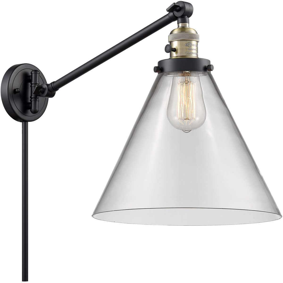 X-Large Cone 16 inch 60.00 watt Black Antique Brass Swing Arm Wall Light, Franklin Restoration