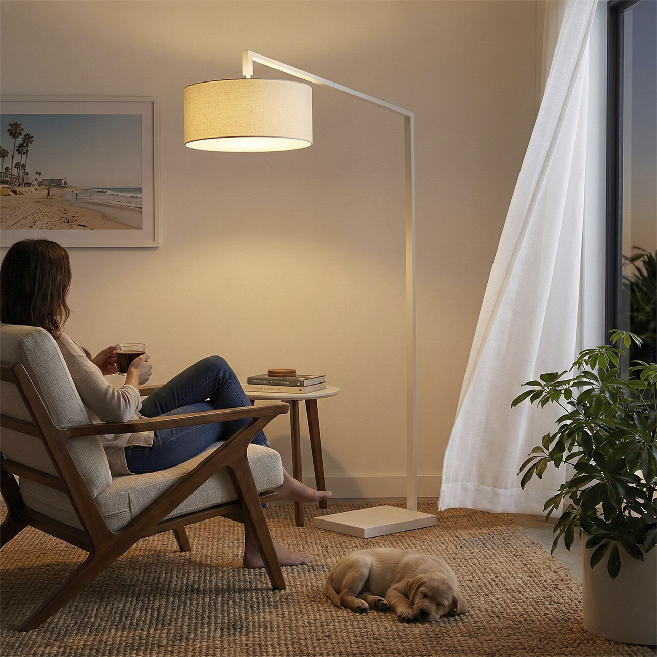 Stretch 75 inch 9 watt White Arc Floor Lamp Portable Light in White Linen
