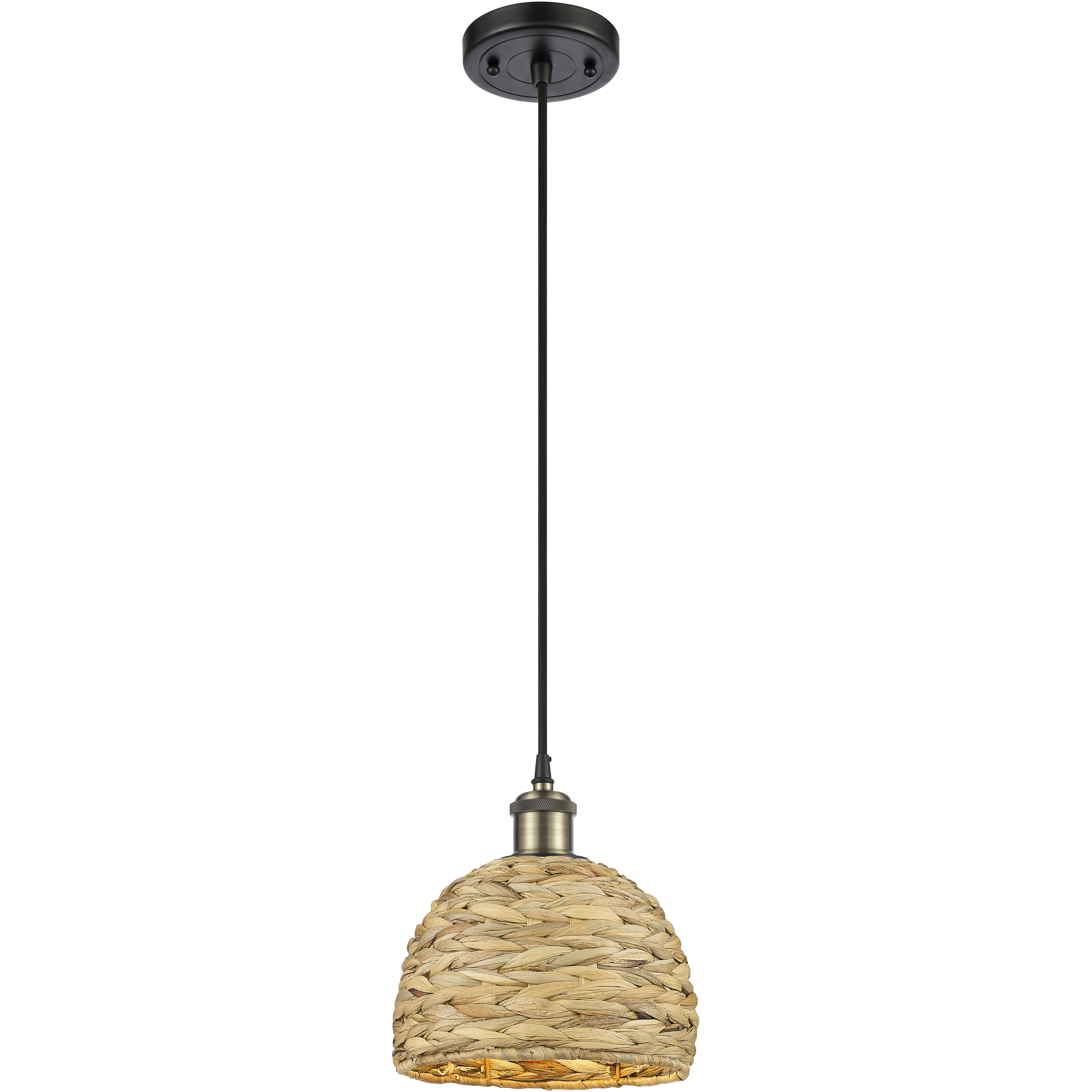 Woven Rattan 1 Light 8 inch Black Antique Brass Pendant Ceiling Light