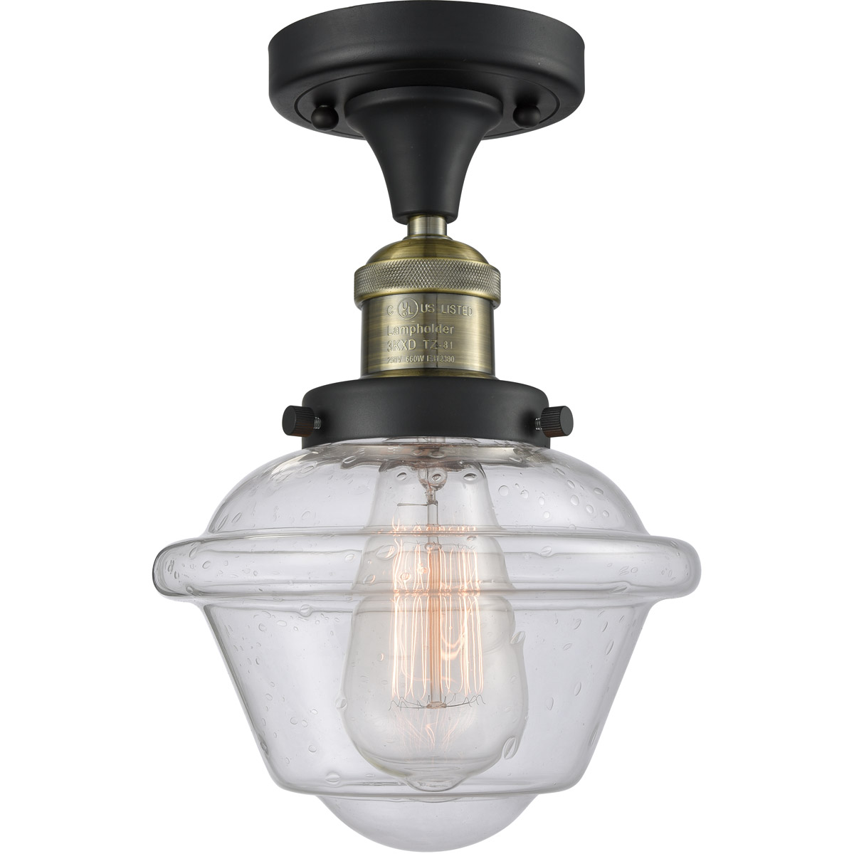 Franklin Restoration Small Oxford LED 7.5 inch Black Antique Brass Semi-Flush Mount Ceiling Light in Seedy Glass, Franklin Restoration